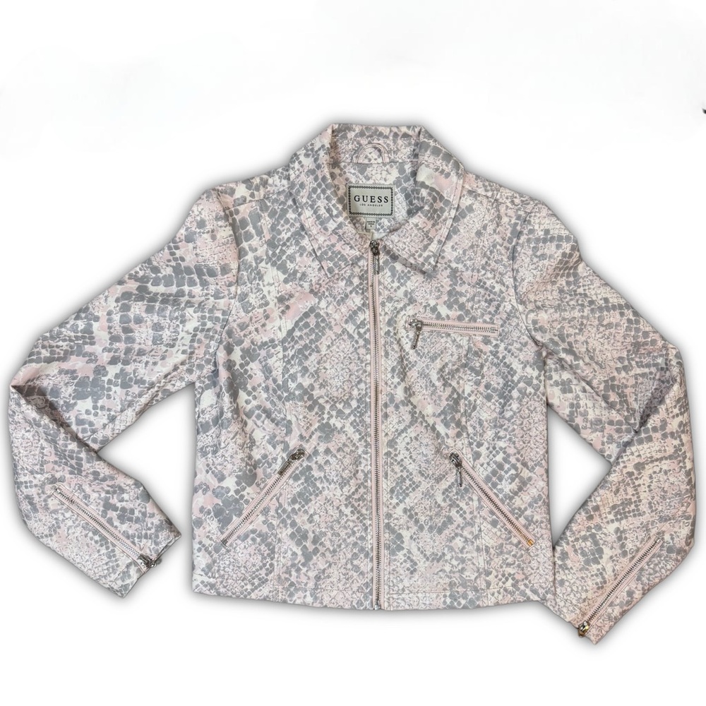 GUESS Women's Snake Print Leather Jacket in Pink and Gray